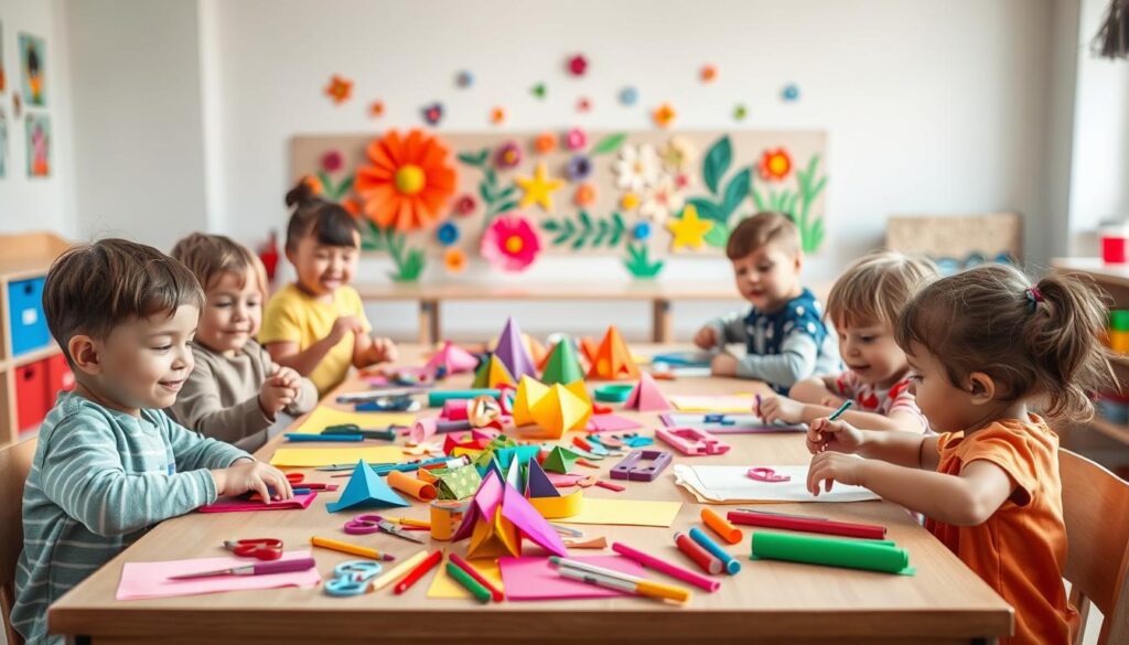 A cheerful table in a well-lit preschool classroom, adorned with an array of colorful paper, scissors, glue sticks, and other craft supplies. In the foreground, a group of young children engaged in various paper-folding, cutting, and pasting activities, their faces alight with concentration and joy. The middle ground features a display of completed projects, including vibrant paper flowers, animals, and geometric shapes. In the background, a softly blurred mural depicting nature scenes or whimsical characters adds to the warm, nurturing atmosphere. The overall composition evokes a sense of creativity, exploration, and the wonder of early learning.