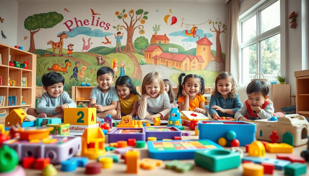 A cheerful, well-lit classroom scene with colorful educational toys, board games, and interactive learning materials scattered across the foreground. In the middle ground, a group of diverse children engrossed in play-based phonics activities, their faces alight with joy and concentration. The background depicts a vibrant mural depicting whimsical characters and scenes from classic children's stories, creating a stimulating and imaginative environment. The overall mood is one of engaged, creative learning, with soft, natural lighting filtering in through large windows, casting a warm, inviting glow.
