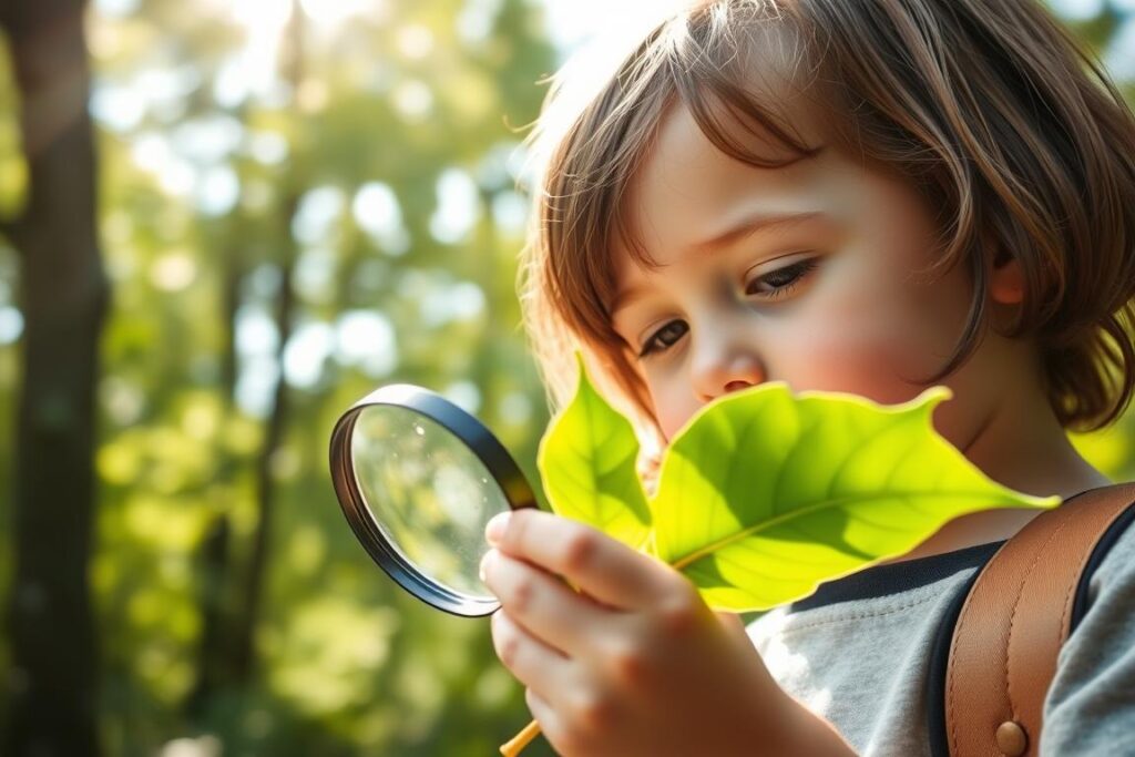 A child examining a leaf with a magnifying glass during a nature scavenger hunt A child examining a leaf with a magnifying glass during a nature scavenger hunt