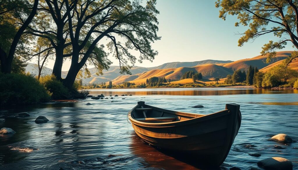 A classic river crossing logic puzzle, set in a serene nature scene. In the foreground, a rustic wooden boat rests on the banks of a gently flowing river, inviting the viewer to imagine the challenge of ferrying various objects across. The middle ground features lush green foliage and towering trees, casting soft, natural shadows across the water's surface. In the background, rolling hills and a clear blue sky create a tranquil, contemplative atmosphere, perfect for engaging the mind in a moment of strategic problem-solving. Warm, diffused lighting illuminates the scene, adding depth and a sense of peaceful introspection. The overall composition evokes a timeless, educational yet relaxing mood, primed for exploration of this iconic logic puzzle.