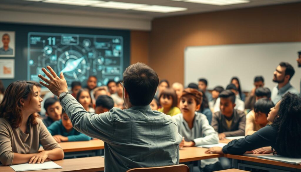 A classroom filled with diverse students, each facing unique challenges as they navigate the integration of AI-powered technologies. In the foreground, a teacher gestures towards a large holographic display, guiding students through a complex lesson. The middle ground depicts students of varying ages and backgrounds, some engaged and curious, others struggling to keep up. In the background, a blurred outline of concerned parents and administrators, grappling with the ethical and practical implications of AI's role in education. Soft, warm lighting illuminates the scene, conveying a sense of both wonder and unease. The overall mood evokes the multifaceted challenges and opportunities that arise as AI becomes a more prominent fixture in the modern classroom.