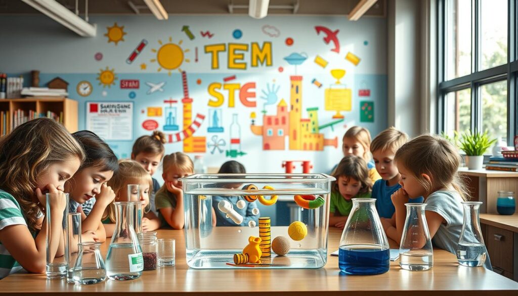 A classroom filled with elementary students conducting engaging water science experiments. In the foreground, a group of children huddled around a table, intently observing as they drop various objects into a clear tub of water, observing which ones sink or float. The middle ground showcases a diverse array of scientific apparatus - graduated cylinders, beakers, and measuring tools. In the background, a colorful STEM-themed mural adorns the wall, illuminated by warm, natural lighting filtering in through large windows. The scene exudes a sense of wonder, curiosity, and hands-on learning as the students explore the captivating principles of buoyancy and density.
