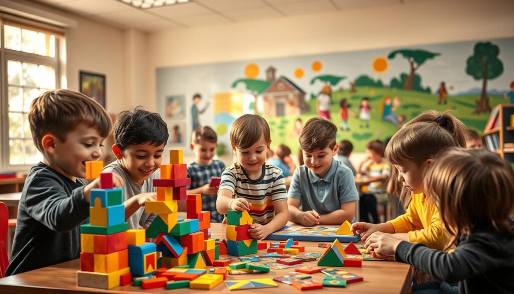 A classroom filled with elementary students engaged in vibrant, hands-on problem-solving games. In the foreground, a group of children collaboratively building a tower of colorful blocks, their faces alight with concentration. In the middle ground, students gathered around a table, strategizing with tangram puzzles and logic-based board games. The background showcases a whimsical mural depicting various problem-solving scenarios, encouraging creative thinking. Warm lighting from large windows casts a cozy, educational atmosphere. A sense of discovery and intellectual stimulation permeates the scene, reflecting the joyful process of learning through play.