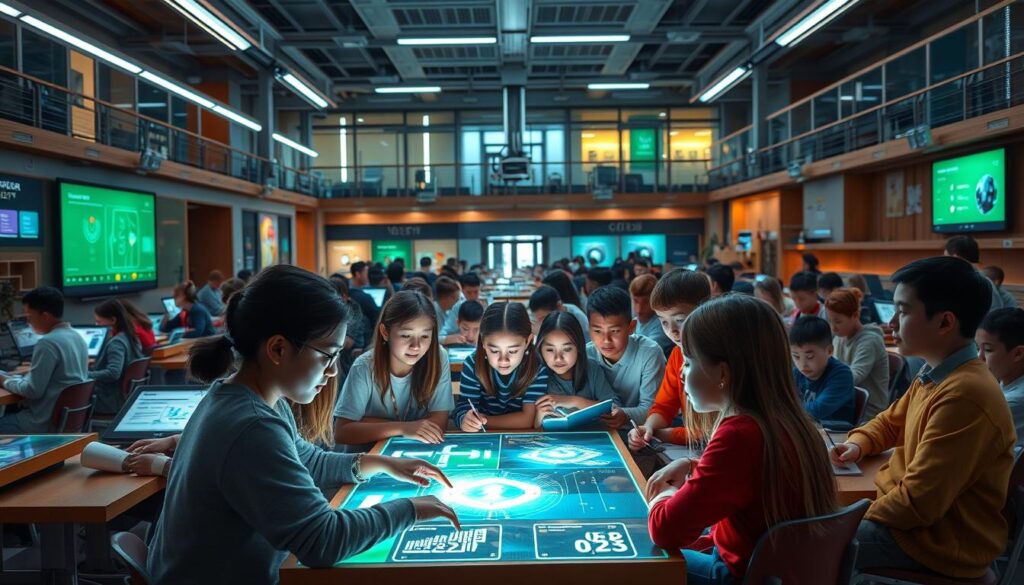 A classroom filled with vibrant and engaged students, surrounded by interactive learning tools and immersive digital experiences. In the foreground, a teacher guides a group through a collaborative AI-powered lesson, their faces lit by the glow of holographic displays. In the middle ground, students work independently on personalized curricula, their progress monitored by adaptive algorithms. The background showcases a futuristic campus, where autonomous robots maintain the facilities and intelligent systems optimize energy and resource usage. The scene conveys a harmonious integration of technology and education, where AI enhances learning, fosters creativity, and unlocks new possibilities for students to thrive.