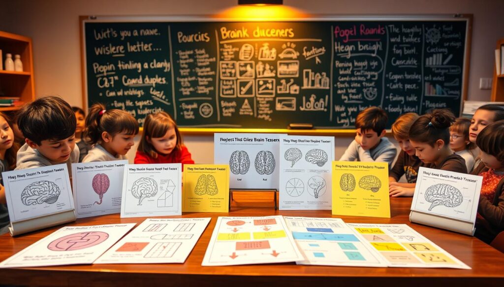 A classroom setting with a chalkboard in the background, showcasing a collection of brain teasers and puzzles designed to engage and challenge students. The foreground features a group of students gathered around a table, intently studying the problem-solving exercises laid out before them. Warm lighting illuminates the scene, creating a cozy, focused atmosphere. The middle ground presents a selection of vibrant, colorful brain teasers and logic puzzles, inviting students to exercise their critical thinking skills. The background chalkboard displays a variety of thought-provoking questions and diagrams, hinting at the diverse range of cognitive challenges awaiting the students. This image captures the essence of an engaging, interactive learning environment where students can boost their intellectual abilities through captivating brain teasers.