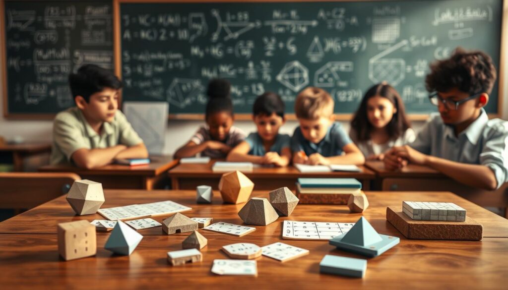 A classroom setting with a wooden desk in the foreground, atop which sit various math puzzles and brain teasers - geometric shapes, number sequences, and logic problems. In the middle ground, students of diverse backgrounds are engaged in solving these challenges, brows furrowed in concentration. The background features a chalkboard filled with mathematical equations and diagrams, casting a warm, educational ambiance. Soft, directional lighting illuminates the scene, highlighting the students' thoughtful expressions. The overall mood is one of intellectual curiosity and academic rigor, encouraging viewers to exercise their numerical problem-solving skills.