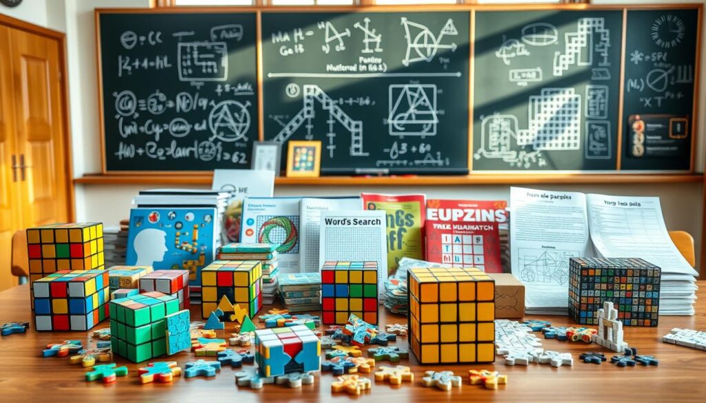 A classroom setting with an assortment of educational puzzles and brain teasers arranged on a wooden table. In the foreground, an array of jigsaw puzzles, Rubik's cubes, tangram sets, and logic grid puzzles. In the middle ground, a selection of word search books, crossword puzzles, and number challenges. The background features a chalkboard with mathematical equations and scientific diagrams, illuminated by natural light streaming in through large windows. The overall mood is one of intellectual stimulation and hands-on learning, inviting the viewer to engage with the diverse range of puzzles and problem-solving activities.