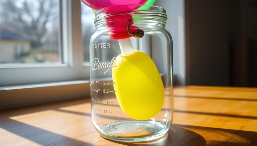 A clear glass jar filled with a colorful, inflated balloon, resting on a wooden surface. The balloon's neck is secured with a metal clamp, allowing the pressure to be observed. Bright, natural lighting from a window casts soft shadows, highlighting the transparency of the jar and the vibrant hues of the balloon. The scene is framed at a slight angle, capturing the delicate balance of the experiment and the wonder of air pressure. The overall mood is one of curiosity and scientific exploration, inviting the viewer to engage with the simple yet captivating demonstration.