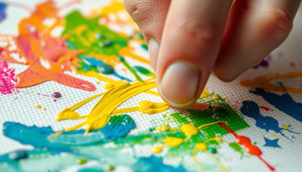 A close-up view of a hand using various finger painting techniques on a textured surface. The fingertips are dragging and smearing vibrant acrylic paints in abstract patterns, creating a tactile, expressive composition. The lighting is soft and diffused, highlighting the dynamic brushwork and the nuanced textures of the canvas or paper. The scene conveys a sense of playful experimentation and the joyful, meditative process of finger painting.