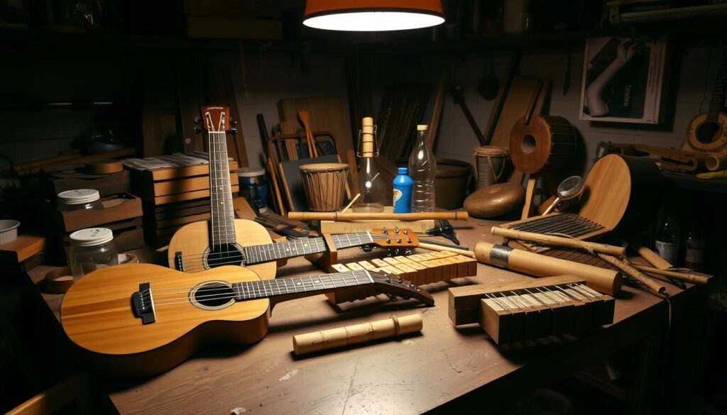 A cluttered DIY workshop table, dimly lit by a warm overhead lamp, showcases a collection of homemade string and wind instruments. In the foreground, a handcrafted guitar with a rustic, wooden body and a simple, elegant design. Beside it, a homemade ukulele with a unique, asymmetric shape and intricate fretwork. In the middle ground, a handmade pan flute carved from bamboo, its delicate pipes arranged in a harmonious pattern. In the background, a variety of other improvised instruments, such as a bottle xylophone and a makeshift drum, highlighting the ingenuity and creativity of the DIY approach to music-making.