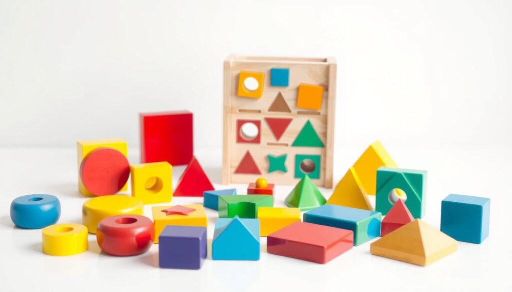 A collection of brightly colored wooden shape sorter toys arranged on a clean, white tabletop. The foreground features various geometric shapes - circles, squares, triangles, and rectangles - in vibrant primary colors. In the middle ground, the sorting container with corresponding openings for each shape stands upright, inviting interaction. The background is a soft, neutral tone, allowing the toys to be the focal point. Soft, diffused lighting creates gentle shadows, emphasizing the tactile, three-dimensional nature of the shapes. The overall scene conveys a sense of simplicity, playfulness, and educational potential, perfect for a preschool learning environment.
