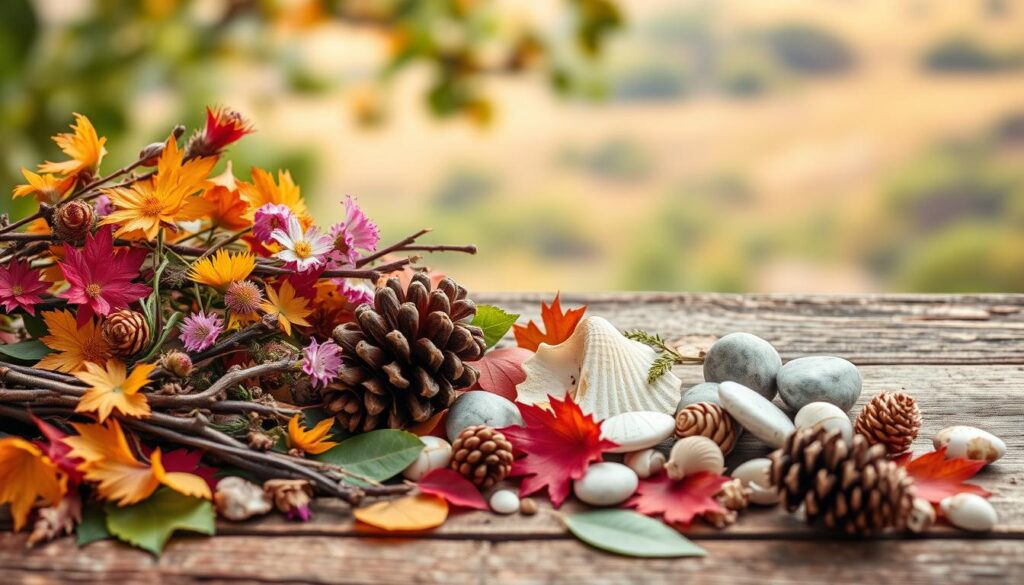 A collection of natural materials for creative art projects, arranged on a rustic wooden surface. The foreground features an array of colorful leaves, flowers, twigs, and pine cones, all carefully selected for their unique textures and shapes. In the middle ground, smooth river stones and seashells add a touch of organic elegance. The background showcases a blurred, natural landscape, with soft, diffused lighting casting a warm, inviting glow over the scene. The overall atmosphere is one of simplicity, beauty, and a connection to the natural world, inspiring a sense of wonder and creativity.