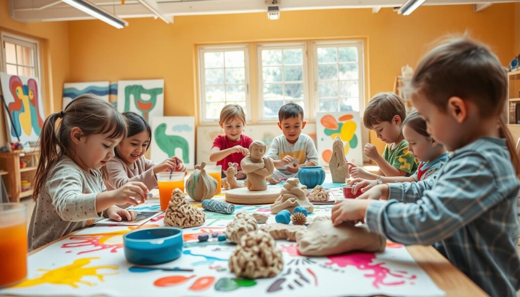 A colorful and engaging scene of young children exploring various process art activities. In the foreground, a group of kids gathered around a large table, hands deep in vibrant paints, sculpting with clay, and creating collages using a variety of textured materials. The middle ground showcases their creative expressions, with abstract paintings, sculptural forms, and intricate paper cutouts. The background features a warm, sun-drenched studio space, with large windows allowing natural light to flood the room, creating a welcoming and inspiring atmosphere. The overall mood is one of joyful exploration, encouraging the children to freely express their creativity through hands-on, open-ended art making.