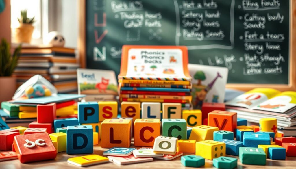 A colorful array of phonics teaching materials arranged in a well-lit, inviting composition. In the foreground, a variety of tactile flashcards and letter blocks in primary colors. In the middle ground, a stack of storybooks with whimsical illustrations. In the background, a chalkboard or whiteboard with phonics diagrams and letter-sound correspondences. The lighting is soft and natural, creating a warm, educational ambiance. The overall scene conveys a sense of engaged learning and a love for the fundamentals of reading.