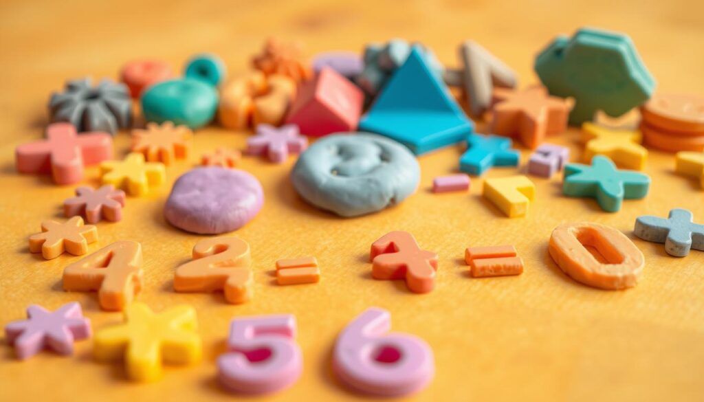 A colorful assortment of play dough shapes, numbers, and mathematical symbols scattered across a bright, textured surface. In the foreground, whimsical play dough creations form simple addition equations, inviting the viewer to engage in hands-on, creative problem-solving. The middle ground features a range of geometric play dough shapes, each with a unique texture and hue, suggesting a sense of playful exploration. The background is a soft, blurred field of warm, earthy tones, evoking a cozy, nurturing atmosphere for the educational experience. The lighting is soft and diffused, emphasizing the tactile, inviting nature of the play dough materials. The overall composition conveys a sense of childlike wonder and the joy of learning through sensory-rich, imaginative play.