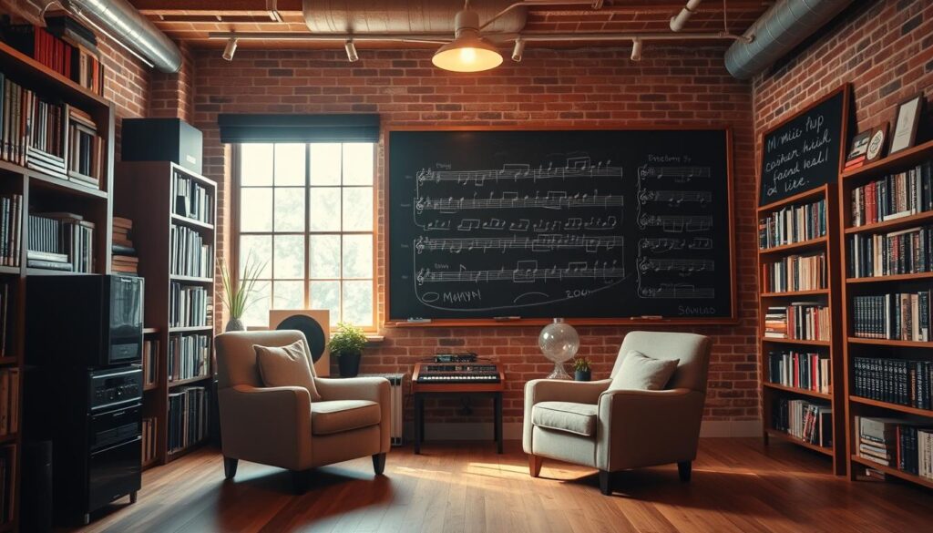 A cozy and inviting auditory learning environment. In the foreground, a comfortable armchair positioned near a sleek audio system, flanked by bookshelves filled with volumes on music theory and sound engineering. In the middle ground, a large window floods the space with warm, natural light, casting a soft glow on the hardwood floors and exposed brick walls. In the background, a vintage chalkboard displays musical notations, inspiring creativity and focused study. The atmosphere is one of tranquility and intellectual stimulation, perfectly suited for the needs of the auditory learner.