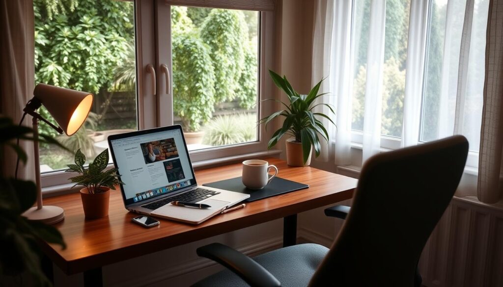 A cozy and inviting home office setup, with a wooden desk, a comfortable ergonomic chair, and a large window overlooking a lush, green garden. Soft, natural lighting filters in, creating a warm and soothing atmosphere. On the desk, a laptop is open, showcasing online course materials, and a notebook and pen are neatly arranged, ready for note-taking. A plant and a mug of warm tea or coffee add a touch of liveliness to the space, encouraging a focused and productive learning experience. The overall scene evokes a sense of calm, focus, and the excitement of embarking on a new educational journey.