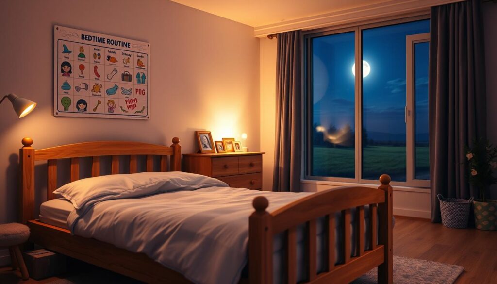 A cozy and inviting nighttime scene of a preschooler's bedroom, bathed in warm, soft lighting. In the foreground, a sturdy wooden bed frame with a plush, comfy mattress and crisp, clean bedding. On the wall above, a decorative bedtime routine chart with colorful illustrations and simple icons. In the middle ground, a small wooden dresser with framed family photos and a nightlight emitting a gentle glow. The background features a large window overlooking a peaceful, moonlit landscape, creating a calming, serene atmosphere. The overall scene conveys a sense of security, comfort, and the importance of establishing a consistent, soothing bedtime routine for young children.