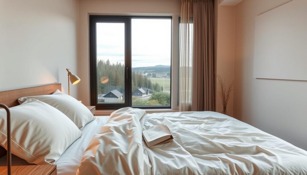 A cozy bedroom scene with a minimalist, Scandinavian-inspired design. In the foreground, a neatly made bed with soft, neutral-toned linens and a plush comforter. On the bedside table, a reading lamp casts a warm, golden glow. In the middle ground, a large window overlooking a tranquil outdoor landscape, with wispy curtains gently billowing. The background features a neutral-toned wall, with a simple, geometric-patterned wallpaper accent. The overall atmosphere is calming, serene, and conducive to restful sleep. A cozy bedroom scene with a minimalist, Scandinavian-inspired design. In the foreground, a neatly made bed with soft, neutral-toned linens and a plush comforter. On the bedside table, a reading lamp casts a warm, golden glow. In the middle ground, a large window overlooking a tranquil outdoor landscape, with wispy curtains gently billowing. The background features a neutral-toned wall, with a simple, geometric-patterned wallpaper accent. The overall atmosphere is calming, serene, and conducive to restful sleep.