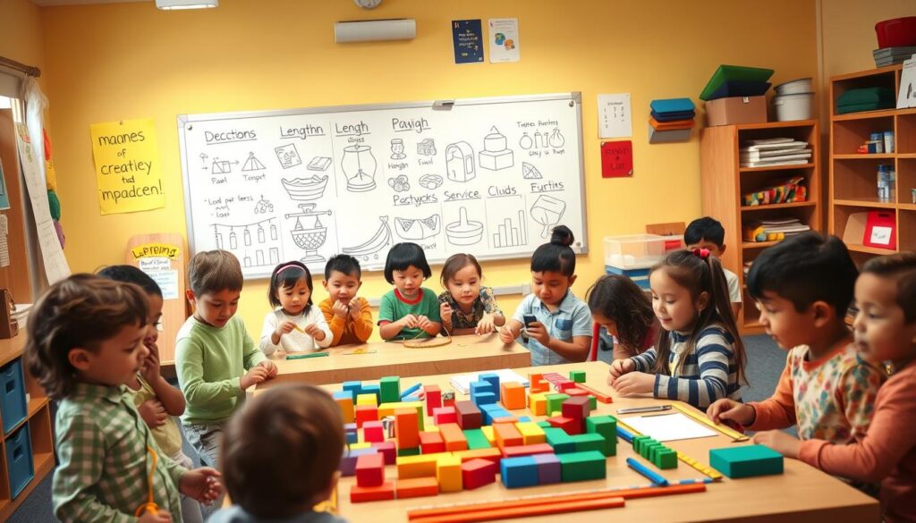 A cozy, brightly-lit classroom setting with a diverse group of children engaged in various hands-on measurement-themed activities. In the foreground, a group of students gathered around a table, using colorful blocks, rulers, and measuring tapes to explore concepts of length, height, and weight. In the middle ground, another group is playing with balance scales, comparing the masses of different objects. In the background, a large whiteboard displays playful illustrations and diagrams explaining measurement principles. The atmosphere is one of excitement and discovery, with the children's faces lit up with curiosity and joy as they learn through interactive, creative games.