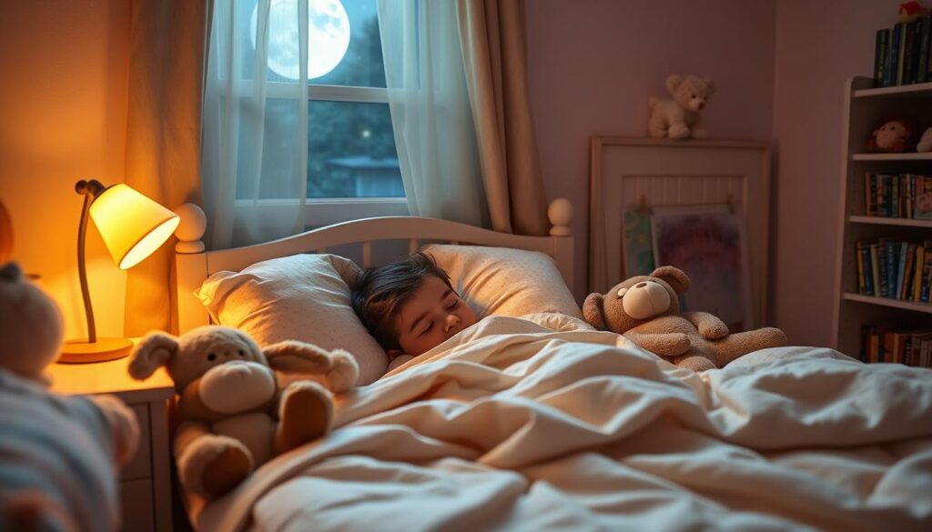 A cozy child's bedroom at night, with a warm, soft glow emanating from a nightlight. In the center, a young child is nestled cozily under soft, flannel sheets, sleeping peacefully, their face serene and relaxed. Surrounding the bed are plush, stuffed animal companions, creating a sense of security and comfort. The room is decorated with soothing pastel hues, and a bookshelf filled with children's books stands in the corner, hinting at a pre-bedtime routine of reading. Moonlight filters in through the window, casting a gentle, ethereal light over the scene, conveying a sense of tranquility and a consistent, predictable sleep schedule. A cozy child's bedroom at night, with a warm, soft glow emanating from a nightlight. In the center, a young child is nestled cozily under soft, flannel sheets, sleeping peacefully, their face serene and relaxed. Surrounding the bed are plush, stuffed animal companions, creating a sense of security and comfort. The room is decorated with soothing pastel hues, and a bookshelf filled with children's books stands in the corner, hinting at a pre-bedtime routine of reading. Moonlight filters in through the window, casting a gentle, ethereal light over the scene, conveying a sense of tranquility and a consistent, predictable sleep schedule.