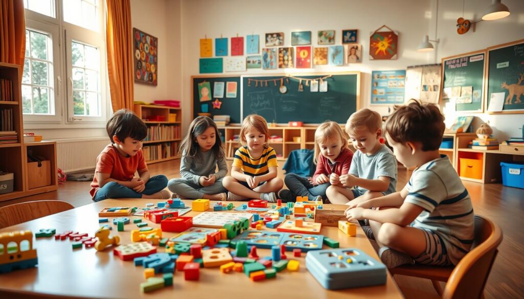 A cozy classroom setting with a group of children engaged in critical thinking activities. In the foreground, a table filled with educational toys, puzzles, and manipulatives. In the middle, the children sit cross-legged on the floor, their faces alight with concentration as they solve a collaborative problem-solving challenge. Warm, natural lighting streams in through large windows, casting a soft glow on the scene. The background features colorful wall displays, bookshelves, and a chalkboard, creating an inviting, stimulating learning environment. The overall atmosphere conveys a sense of curiosity, creativity, and the joy of discovery.