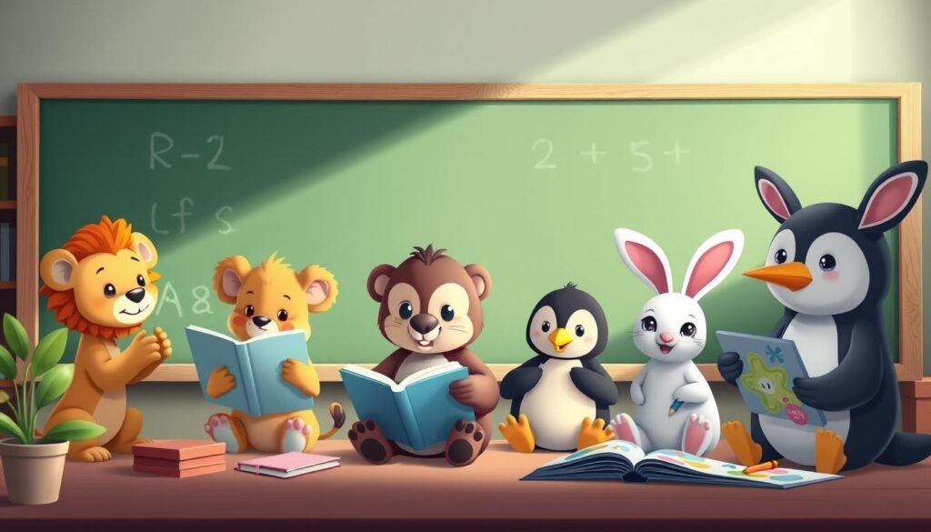 A cozy classroom setting with a large chalkboard or whiteboard taking up the background. In the foreground, a group of adorable, diverse animal characters engaged in various educational activities - a lion cub practicing letter tracing, a koala bear reading from a storybook, a penguin solving math problems on a tablet, and a rabbit drawing vibrant pictures. Soft, natural lighting illuminates the scene, creating a warm, inviting atmosphere. The animals' expressions are curious and engaged, reflecting the joy and wonder of learning. The overall composition should feel dynamic, playful, and stimulating, capturing the essence of "animal vocabulary activities" that inspire and captivate young minds.