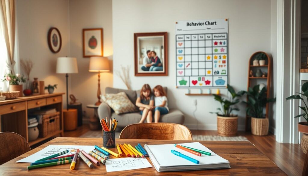 A cozy home environment with a wall-mounted behavior chart prominently displayed. The chart features colorful icons, star stickers, and sections for tracking positive behaviors. In the foreground, a wooden table with a variety of art supplies, such as markers, colored pencils, and stickers, invites children to personalize and engage with the chart. In the middle ground, a comfortable chair and a family portrait hint at the nurturing and supportive atmosphere. The background showcases a warm, well-lit living room with natural textures, soft lighting, and thoughtful decor, creating an inviting and motivational setting for fostering positive behaviors.