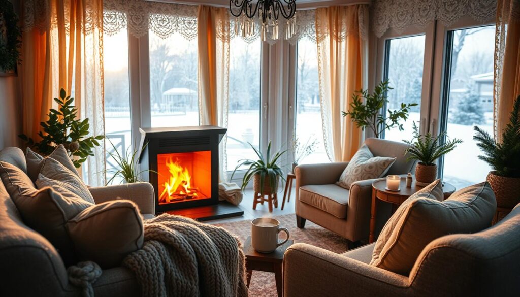 A cozy, inviting living room on a snowy winter day. Warm golden light filters through lace curtains, casting a gentle glow on plush armchairs and a thick, knit blanket. Flickering flames dance in a crackling fireplace, while a steaming mug of hot cocoa sits on a rustic wooden side table. Potted plants and fresh greenery add pops of life, while the background reveals a snow-covered landscape outside the frosty windowpanes. An atmosphere of comfort, relaxation, and a sense of embracing the season's charms.