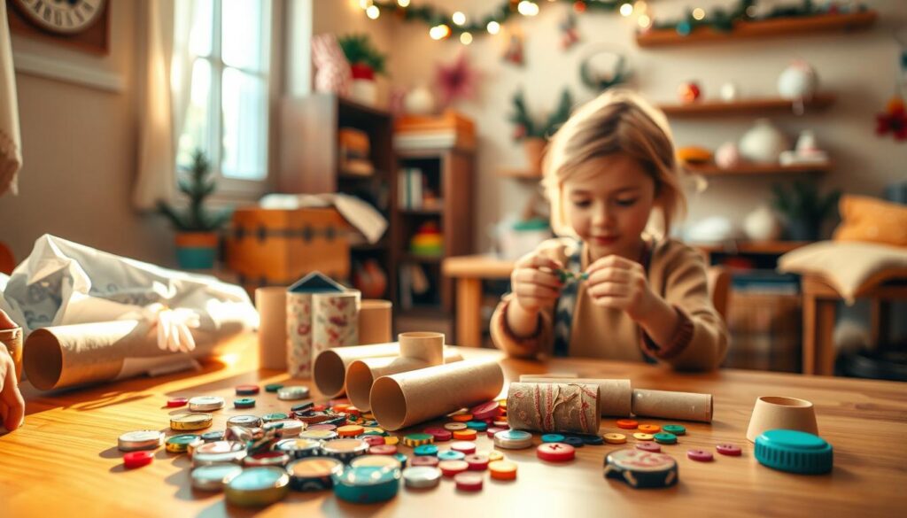 A cozy, inviting scene of a DIY crafting nook, illuminated by soft, natural lighting filtering through a nearby window. In the foreground, an assortment of repurposed household items and recycled materials - cardboard tubes, bottle caps, fabric scraps, and colorful buttons - are artfully arranged on a wooden table. In the middle ground, a child's small hands are carefully crafting a whimsical holiday decoration, their face full of concentration. The background reveals a cheerful, warm-toned room, with shelves displaying more upcycled creations and a festive garland hanging overhead, capturing the spirit of the holiday season and the joy of crafting with found objects.