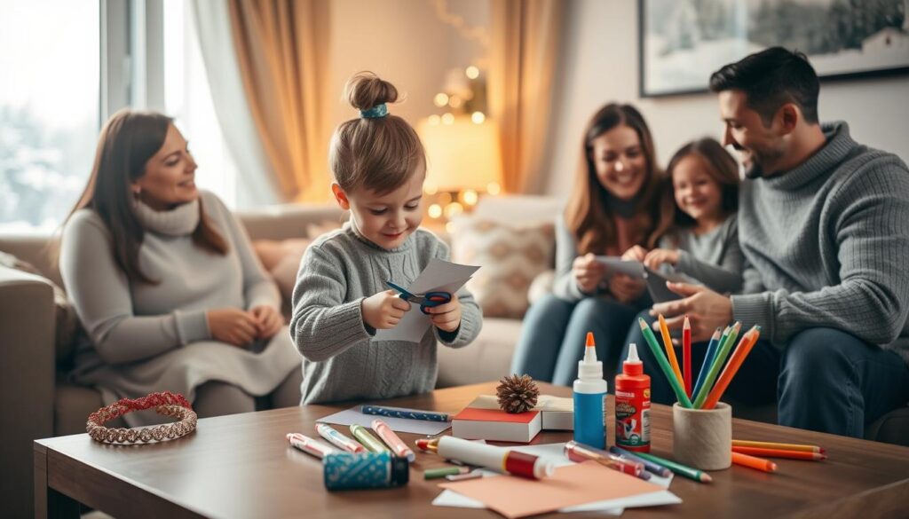 A cozy living room setting with a family gathered around a coffee table, engaged in a festive DIY craft project. The warm, soft lighting casts a gentle glow, creating a serene and inviting atmosphere. In the foreground, a young child carefully cuts colorful paper with safety scissors, while their parents and siblings provide guidance and encouragement. Vibrant holiday-themed craft supplies, such as glue, glitter, and colored pencils, are neatly arranged on the table, hinting at the creative project underway. Through the window in the background, a snowy winter landscape can be seen, adding to the overall sense of seasonal charm and togetherness.