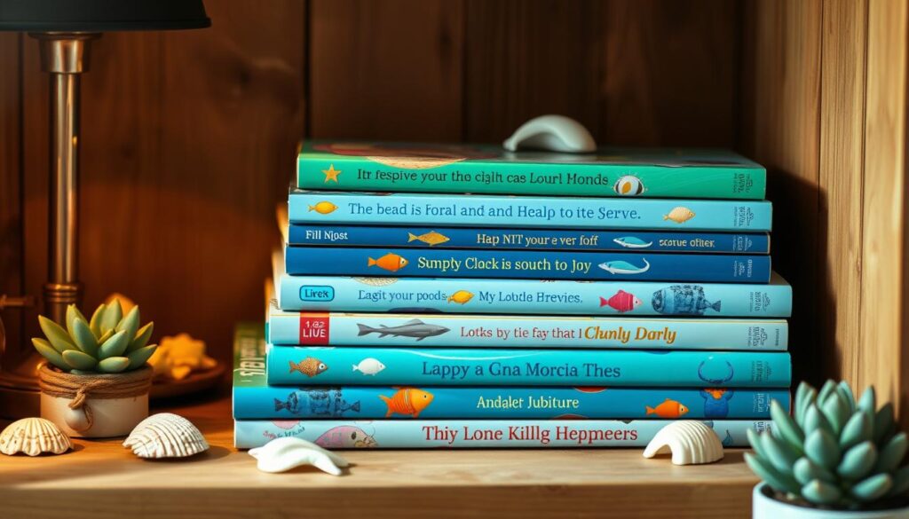 A cozy nook with a stack of ocean-themed picture books for young readers. Vibrant hues of blue, green, and turquoise cover the hardbacks, their spines adorned with whimsical illustrations of sea creatures, coral reefs, and underwater adventures. Soft lighting from a nearby lamp casts a warm glow, inviting children to curl up and dive into captivating stories that transport them beneath the waves. The books are arranged on a wooden shelf, complemented by a few decorative seashells and a potted succulent, creating a serene, nature-inspired atmosphere perfect for cultivating a love of reading and ocean exploration. A cozy nook with a stack of ocean-themed picture books for young readers. Vibrant hues of blue, green, and turquoise cover the hardbacks, their spines adorned with whimsical illustrations of sea creatures, coral reefs, and underwater adventures. Soft lighting from a nearby lamp casts a warm glow, inviting children to curl up and dive into captivating stories that transport them beneath the waves. The books are arranged on a wooden shelf, complemented by a few decorative seashells and a potted succulent, creating a serene, nature-inspired atmosphere perfect for cultivating a love of reading and ocean exploration.