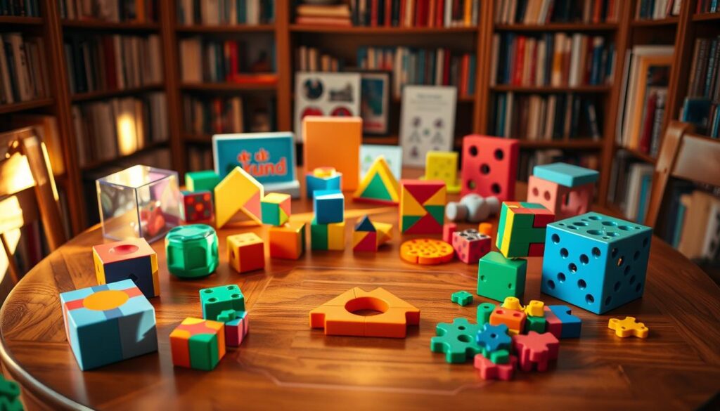 A cozy study filled with a variety of vibrant, tactile logic puzzles and brain teasers arranged on a wooden table. Soft, warm lighting casts a gentle glow, creating an inviting and focused atmosphere for young minds to explore. Geometric shapes, color-coded cubes, interlocking pieces, and a maze-like pattern on the table's surface encourage critical thinking and problem-solving skills. The puzzles are presented in an organized, visually appealing manner, inviting children to pick them up and immerse themselves in the challenge of unlocking their secrets.