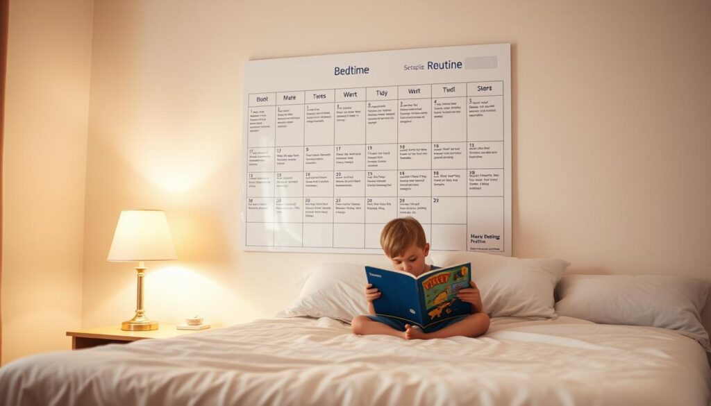 A cozy, well-lit bedroom with a comfortable, neatly made bed in the foreground. On the nightstand, a table lamp casts a warm, ambient glow. In the middle ground, a small child sits on the bed, reading a bedtime storybook. On the wall behind them, a large, framed calendar or daily routine chart is displayed, guiding the child through the steps of their structured bedtime routine. The overall scene conveys a sense of calm, organization, and gentle parental guidance, reflecting the importance of establishing a consistent, soothing bedtime routine for children. A cozy, well-lit bedroom with a comfortable, neatly made bed in the foreground. On the nightstand, a table lamp casts a warm, ambient glow. In the middle ground, a small child sits on the bed, reading a bedtime storybook. On the wall behind them, a large, framed calendar or daily routine chart is displayed, guiding the child through the steps of their structured bedtime routine. The overall scene conveys a sense of calm, organization, and gentle parental guidance, reflecting the importance of establishing a consistent, soothing bedtime routine for children.
