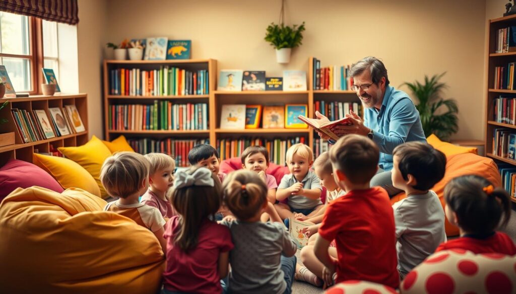 A cozy, well-lit children's storytime corner, with plush beanbag chairs and brightly colored pillows scattered around. A bookshelf in the background, filled with classic children's books. In the foreground, a group of preschoolers sitting in a circle, captivated by an animated storyteller, using hand gestures and facial expressions to bring the narrative to life. Warm, soft lighting illuminates the scene, creating a inviting and engaging atmosphere. The storyteller's expression is one of excitement and enthusiasm, drawing the children into the imaginative world of the story. The children's faces are alight with wonder and curiosity, fully immersed in the storytelling experience.