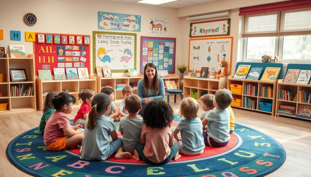 A cozy, well-lit classroom setting with a colorful alphabet rug and shelves of storybooks. In the foreground, a group of young children sitting in a circle, engaged in a rhyming activity led by a smiling teacher. Vibrant educational posters, flashcards, and rhyming word puzzles adorn the walls, creating an inviting and stimulating early literacy environment. Soft, diffused lighting from large windows illuminates the scene, capturing the joy and wonder of learning through playful rhyming games. A cozy, well-lit classroom setting with a colorful alphabet rug and shelves of storybooks. In the foreground, a group of young children sitting in a circle, engaged in a rhyming activity led by a smiling teacher. Vibrant educational posters, flashcards, and rhyming word puzzles adorn the walls, creating an inviting and stimulating early literacy environment. Soft, diffused lighting from large windows illuminates the scene, capturing the joy and wonder of learning through playful rhyming games.