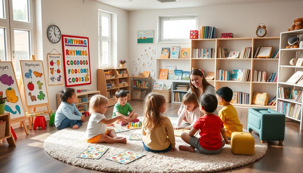 A cozy, well-lit classroom setting with vibrant, playful educational posters and games showcasing rhyming pairs, colorful letter blocks, and children's storybooks. In the foreground, a group of young preschoolers sitting on a plush, circular rug, engaged in a rhyming game with a friendly teacher guiding them. Soft, natural lighting filters through large windows, creating a warm, inviting atmosphere. The middle ground features a display of classic childhood board games and activity cards designed to boost phonological awareness through rhyming, alliteration, and word manipulation. In the background, bookshelves brimming with engaging children's literature and educational resources. An overall sense of joy, learning, and imagination permeates the scene. A cozy, well-lit classroom setting with vibrant, playful educational posters and games showcasing rhyming pairs, colorful letter blocks, and children's storybooks. In the foreground, a group of young preschoolers sitting on a plush, circular rug, engaged in a rhyming game with a friendly teacher guiding them. Soft, natural lighting filters through large windows, creating a warm, inviting atmosphere. The middle ground features a display of classic childhood board games and activity cards designed to boost phonological awareness through rhyming, alliteration, and word manipulation. In the background, bookshelves brimming with engaging children's literature and educational resources. An overall sense of joy, learning, and imagination permeates the scene.