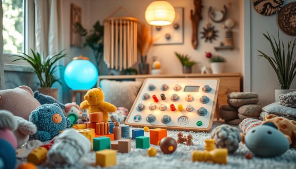 A cozy, well-lit room filled with an array of hands-on sensory activities for children. In the foreground, a variety of tactile objects - soft plush toys, textured building blocks, and squishy fidget toys - invite touch and exploration. The middle ground showcases a light-up sensory board with knobs, switches, and textured panels, encouraging visual and kinesthetic engagement. In the background, a calming color-changing lamp casts a soothing glow, while a collection of nature-inspired décor like wooden chimes and smooth river stones create a tranquil atmosphere. The scene exudes a sense of comfort and mindful discovery, perfect for grounding and regulating young senses.