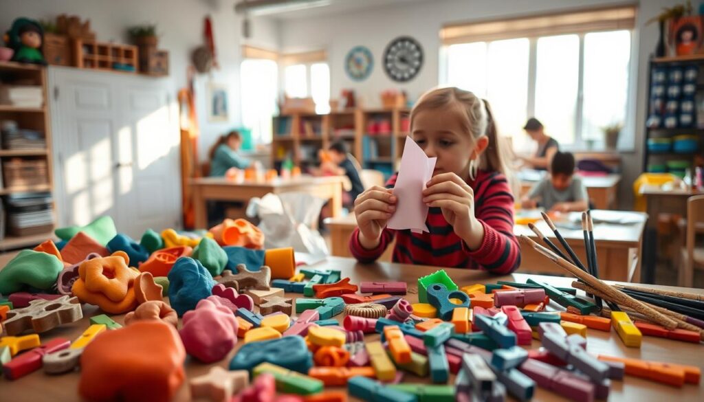 A cozy, well-lit studio filled with a variety of engaging, hands-on creative activities. In the foreground, a table showcases a diverse array of colorful materials - from vibrant sculpting clay and wooden shapes to punctuation-themed clothespins and an assortment of paint brushes. In the middle ground, a student's hands carefully construct a whimsical paper sculpture, while in the background, other students work intently on their own projects, surrounded by natural light filtering in through large windows. The overall mood is one of focused creativity, exploration, and kinesthetic learning.