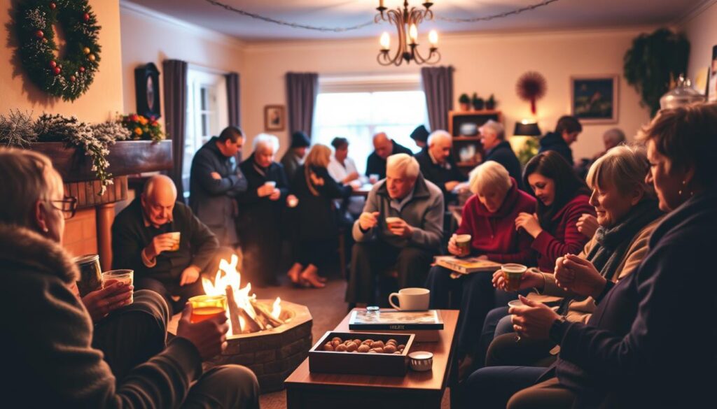 A cozy winter evening gathering, with a group of friends enjoying various community activities. In the foreground, people are gathered around a crackling fireplace, sipping warm drinks and playing board games. The middle ground features a group of neighbors engaged in a lively discussion, while in the background, others are participating in an arts and crafts workshop, their hands skillfully creating handmade items. The scene is bathed in a warm, soft lighting, creating a sense of intimacy and togetherness. The atmosphere is welcoming and inclusive, reflecting the joy of shared experiences and the nourishment of social connections.
