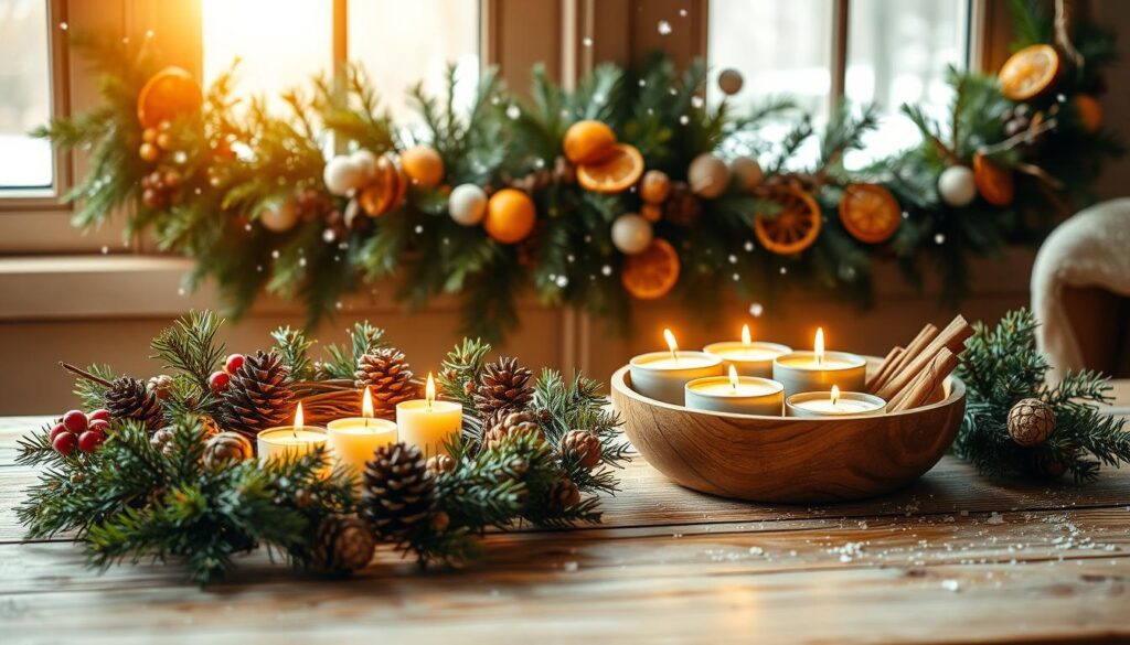 A cozy winter scene with a variety of natural crafts on a wooden table, bathed in warm, golden light. In the foreground, a wreath woven from pine branches, pinecones, and dried berries. In the middle ground, a wooden bowl filled with homemade scented candles, their flames flickering. In the background, a garland of evergreen boughs, dried citrus slices, and cinnamon sticks draped across a large window, snowflakes drifting outside. The overall mood is one of rustic, seasonal charm and festive, handmade elegance.