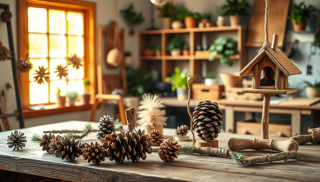 A cozy workshop scene showcasing a variety of charming pine cone and stick crafts. In the foreground, a rustic wooden table displays an array of nature-inspired creations - a pinecone garland, a whimsical stick figure, and a pine cone bird feeder. Midground, a window floods the space with warm, diffused natural lighting, casting a soft glow over the crafts. In the background, shelves and potted plants add touches of greenery, evoking a serene, earthy ambiance. The overall composition conveys a sense of tranquility and a connection to the outdoors, perfectly suited for a "Nature Crafts for Kids" feature.