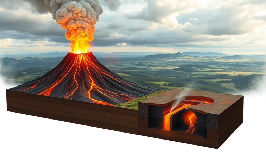 A detailed cross-sectional diagram of a volcanic eruption, showcasing the internal structure and key components. The foreground depicts the erupting volcano with vivid plumes of ash and lava spewing forth, captured in a dramatic wide-angle perspective. The middle ground features a cutaway view revealing the magma chamber, conduit, and other geological features responsible for the eruption. The background portrays the surrounding landscape, with rolling hills, forests, and a cloudy sky overhead, illuminated by the warm glow of the eruption. The overall scene is rendered in a realistic, scientific style with a focus on technical accuracy and educational value, suitable for illustrating the science behind volcanic activity.
