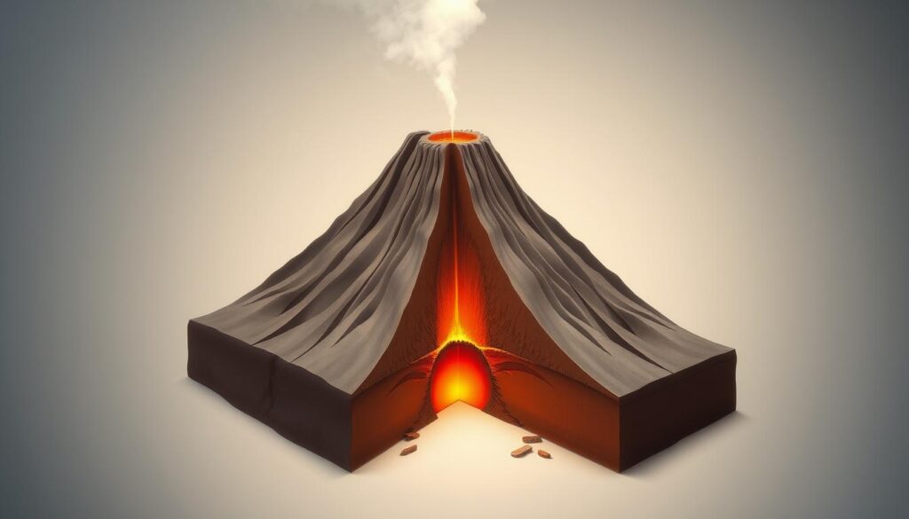 A detailed cutaway diagram of a volcanic structure, with a clear view of the internal layers, magma chamber, and mechanisms of eruption. The image should have a clean, technical illustration style, with crisp lines, subtle gradients, and a neutral color palette that emphasizes the structural elements. Lighting should be soft and diffused, creating depth and dimensionality. The perspective should be slightly elevated, providing an optimal view of the volcano's cross-section. The overall mood should convey a sense of scientific understanding and educational value, suitable for an introductory section on volcanoes.