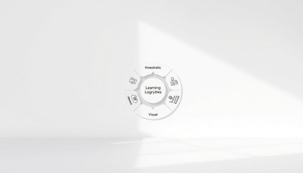 A detailed learning styles diagram set against a clean, minimalist background. In the foreground, the three primary learning modalities - visual, auditory, and kinesthetic - are prominently featured, each represented by intuitive icons or illustrations. The middle ground showcases a circular arrangement of these core styles, with their unique characteristics and strengths delineated. In the background, a soft, neutral gradient provides a serene, focused atmosphere, allowing the learning styles diagram to take center stage. Crisp lighting from the top left casts subtle shadows, adding depth and dimensionality to the composition. The overall aesthetic is designed to be informative, visually appealing, and in harmony with the "Visual vs. Auditory Learning Techniques" article topic.