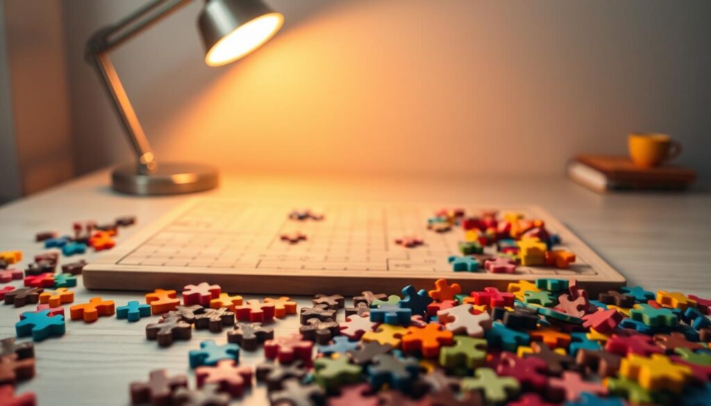 A detailed tabletop scene showcasing puzzle strategy techniques. In the foreground, an array of colorful jigsaw pieces of various shapes and sizes are carefully arranged, hinting at the strategic placement needed to solve the puzzle. In the middle ground, a wooden puzzle board provides a structured framework, with faint gridlines guiding the arrangement. The background features a softly lit, minimalist workspace with a clean, modern aesthetic, allowing the puzzle pieces to take center stage. Warm lighting from a desk lamp casts a gentle glow, creating a contemplative and focused atmosphere. The scene conveys the precision, patience, and problem-solving skills required to master the art of puzzle strategy.