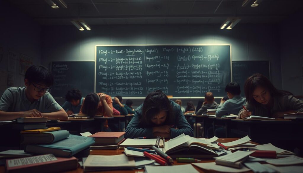 A dimly lit classroom, students hunched over desks, faces etched with worry. Textbooks and scattered papers create a cluttered foreground, symbolizing the overwhelming academic demands. In the middle ground, a towering chalkboard looms, its endless equations and deadlines a source of anxiety. The background fades into a hazy, oppressive atmosphere, conveying the suffocating pressure students feel. Harsh fluorescent lighting casts stark shadows, heightening the sense of tension and unease. The scene is a visual representation of the internal struggles students face, a reflection of the barriers to building confidence in learning.