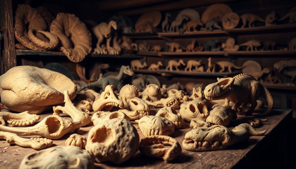 A dimly lit, rustic workshop filled with an assortment of salt dough fossils. In the foreground, detailed replicas of dinosaur bones and teeth, tactile and lifelike, cast in a warm, natural hue. The middle ground showcases various stages of the crafting process, from raw dough to partially sculpted forms. Shelves in the background display completed dinosaur fossil models, each with a unique texture and weathered appearance, as if unearthed from an ancient dig site. Soft, diffused lighting casts gentle shadows, enhancing the depth and dimensionality of the scene. The overall atmosphere evokes a sense of hands-on learning, creative exploration, and a reverence for the mysteries of the prehistoric world.