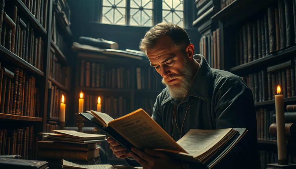 A dimly lit study filled with ancient tomes and parchments, the air thick with the scent of wisdom. In the center, a scholar pores over a weathered manuscript, his brow furrowed in deep contemplation. Bookshelves line the walls, their spines bearing the weight of centuries of knowledge. Flickering candlelight casts a warm glow, illuminating the scholar's intense focus as he delves into the historical roots of analytical reasoning. The scene evokes a sense of timeless inquiry, where the pursuit of understanding the world through critical thinking is both a timeless tradition and a never-ending journey.
