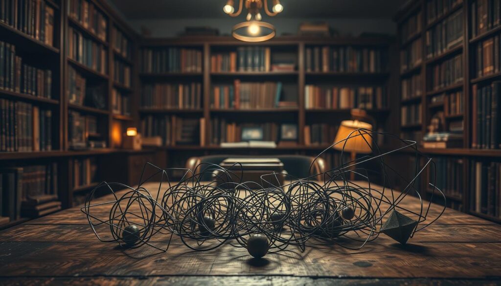 A dimly lit study, filled with intricate brain teasers and logic puzzles. In the foreground, a weathered wooden table holds an array of tangled metal pieces, wire loops, and geometric shapes, inviting the viewer to solve the enigmatic riddles. Bookshelves line the walls, their spines hinting at the mysteries within. Soft, warm lighting casts a contemplative glow, reflecting off the polished surfaces of the puzzles. The atmosphere is one of intellectual challenge and cerebral exploration, beckoning the viewer to unravel the secrets of the mind.
